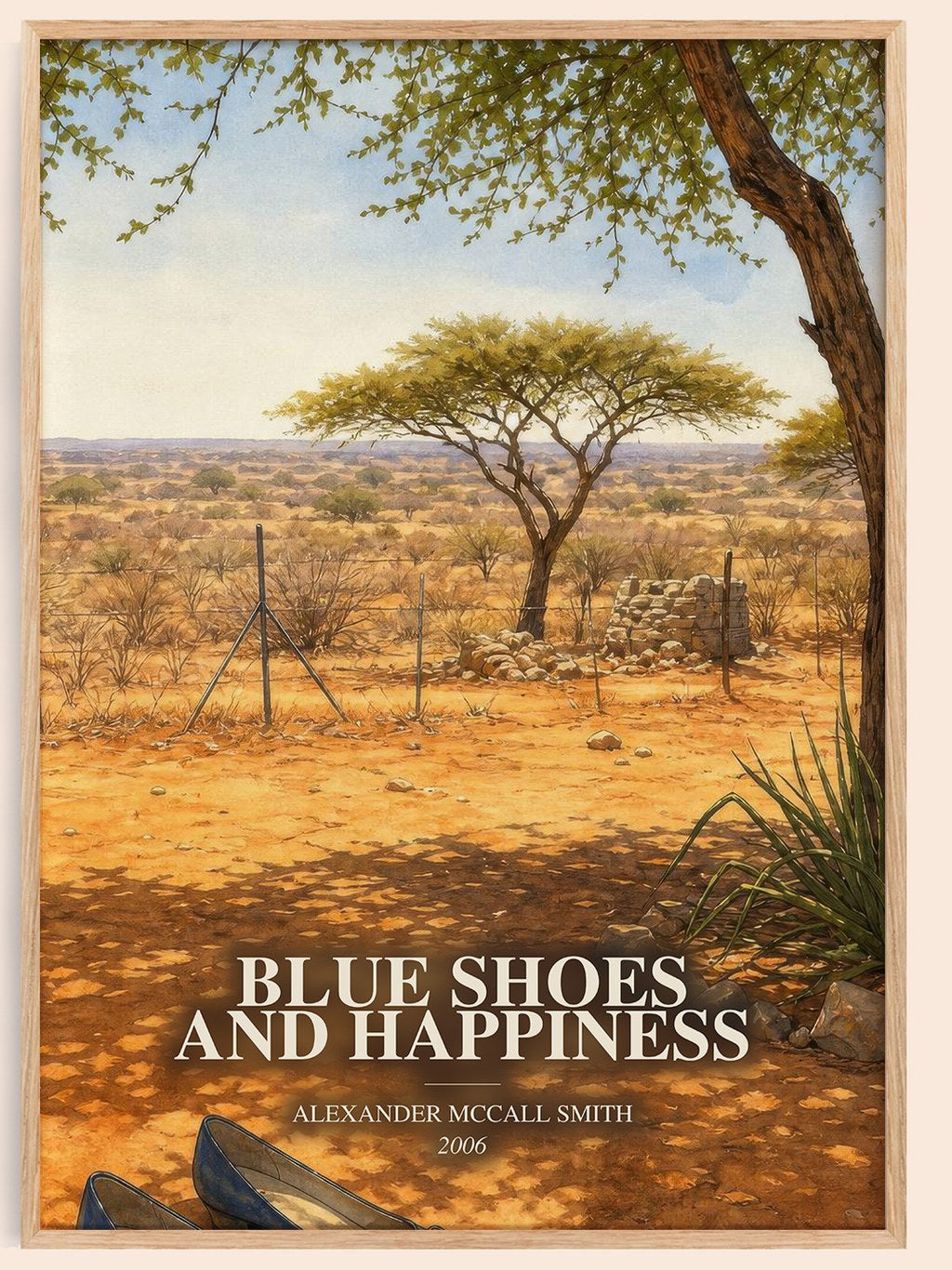 Blue Shoes and Happiness watercolour book poster by Alexander McCall Smith – framed literary art print