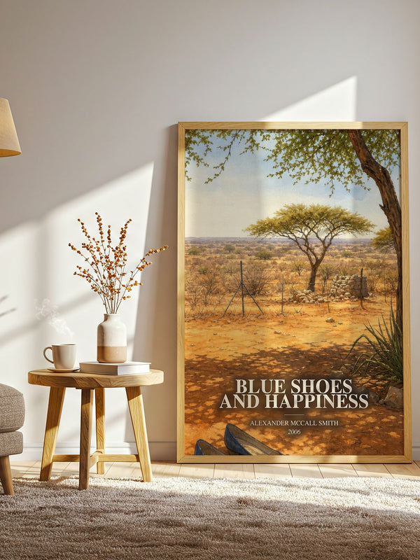 Blue Shoes and Happiness watercolour print in frame leaning in hallway – mystery wall art