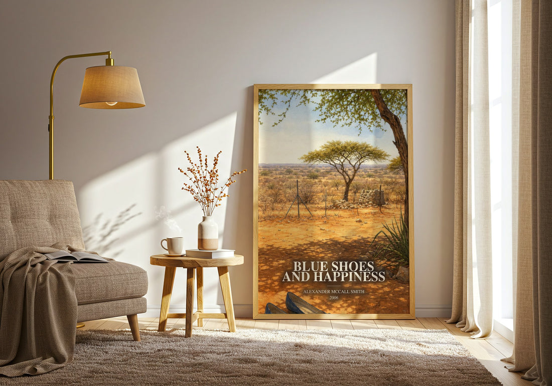 Blue Shoes and Happiness watercolour print in frame leaning in hallway – mystery wall art (mockup)