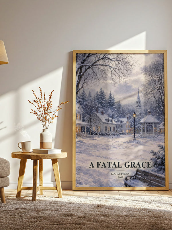 A Fatal Grace watercolour print in frame leaning in hallway – mystery wall art
