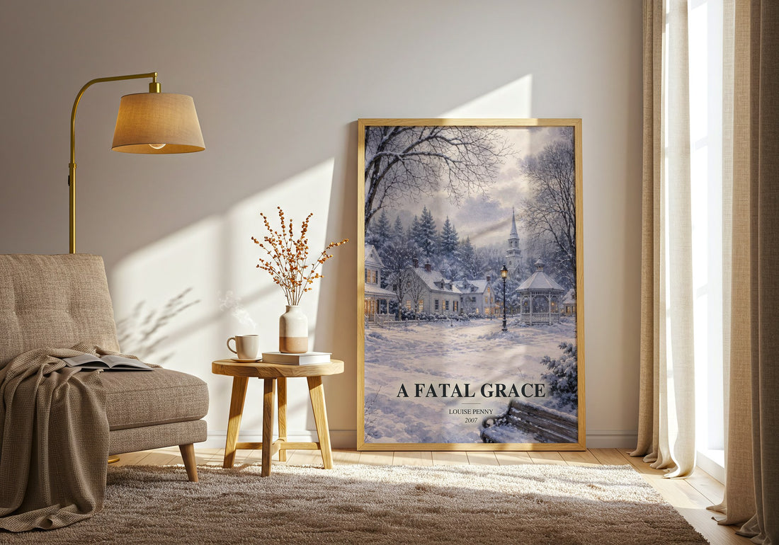 A Fatal Grace watercolour print in frame leaning in hallway – mystery wall art (mockup)