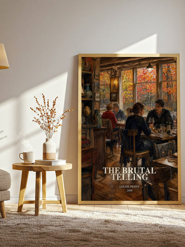 The Brutal Telling watercolour print in frame leaning in hallway – mystery wall art