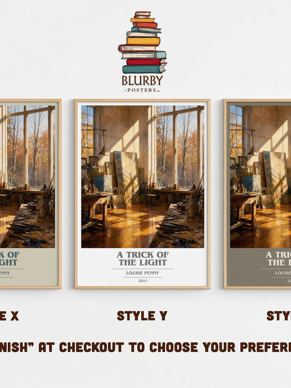 A Trick of the Light book cover print in frame leaning in hallway – mystery wall art