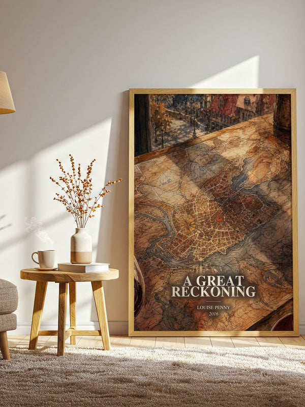 A Great Reckoning watercolour print in frame leaning in hallway – mystery wall art