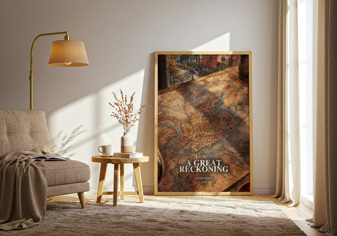 A Great Reckoning watercolour print in frame leaning in hallway – mystery wall art (mockup)