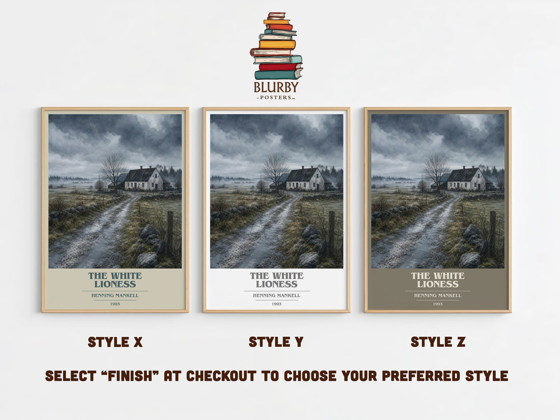 The White Lioness book cover print in frame leaning in hallway – crime wall art (mockup)
