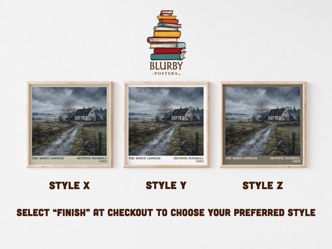 The White Lioness literary print in frame leaning in hallway – crime wall art (mockup)