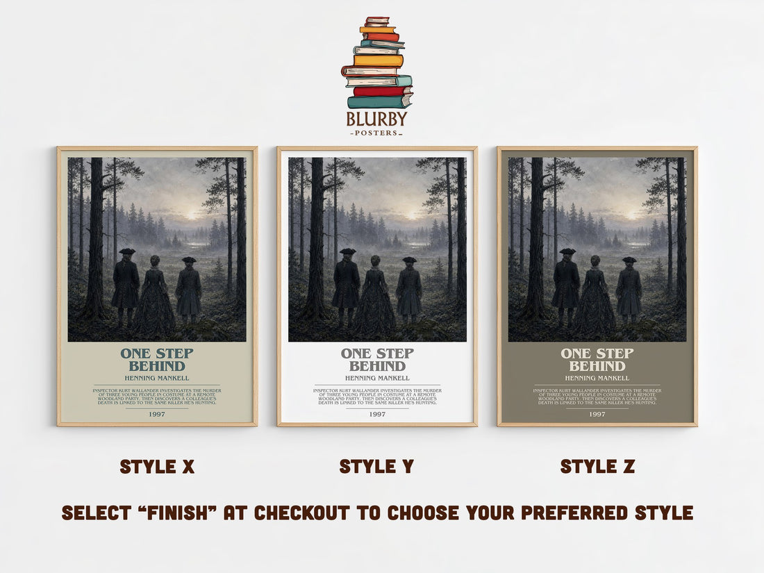 One Step Behind bookish print in frame leaning in hallway – crime wall art (mockup)
