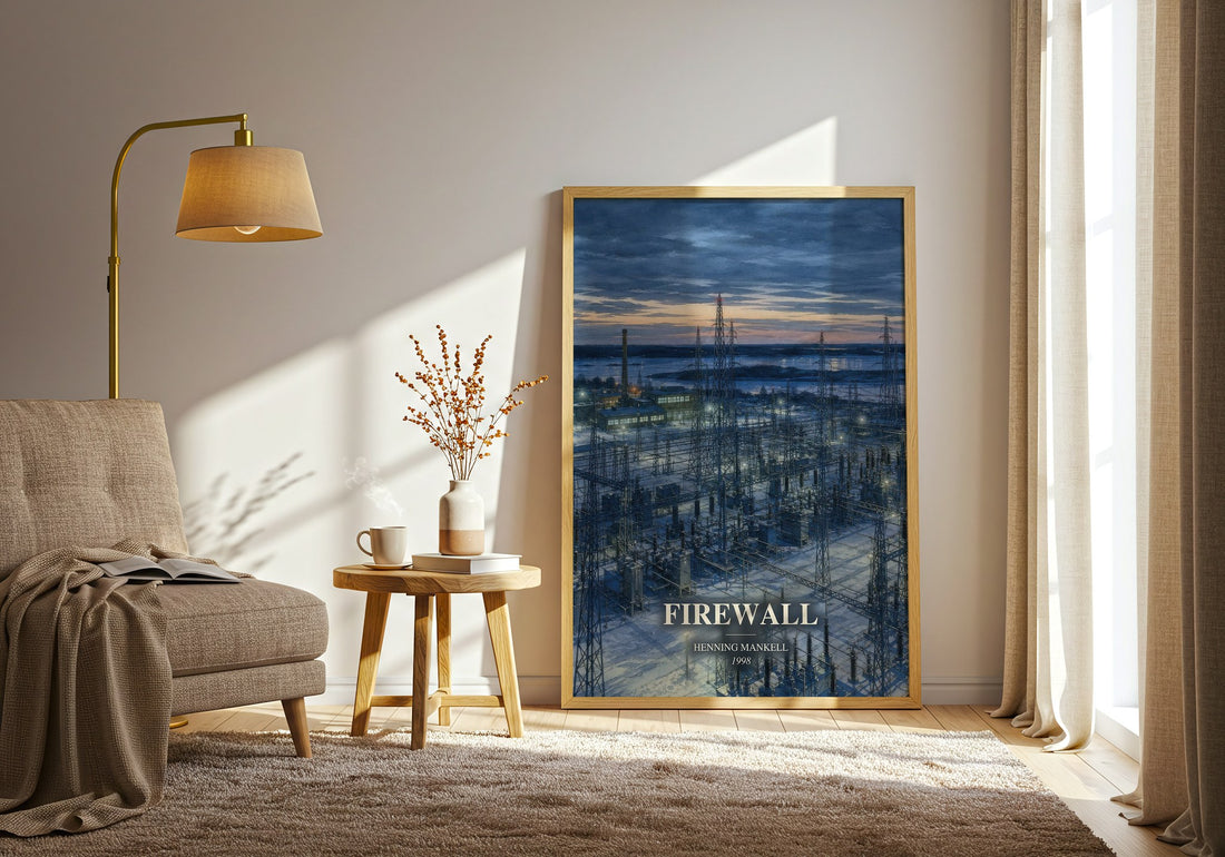 Firewall watercolour print in frame leaning in hallway – crime wall art (mockup)