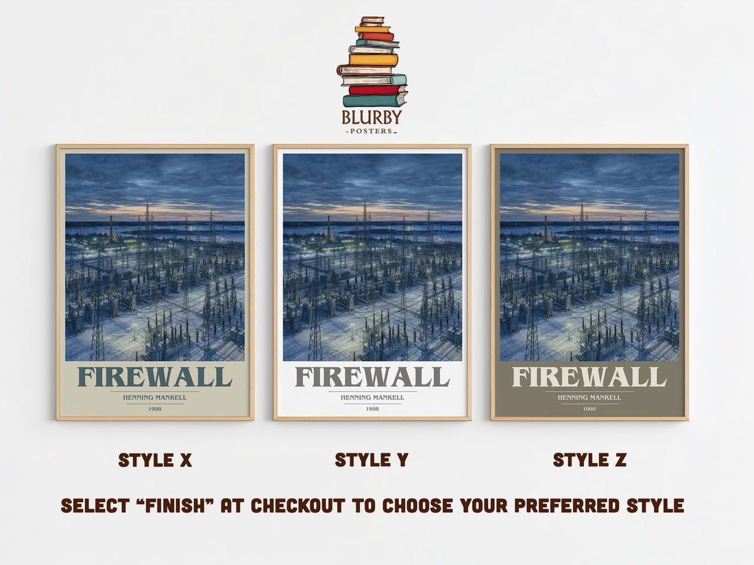 Firewall book cover print in frame leaning in hallway – crime wall art (mockup)