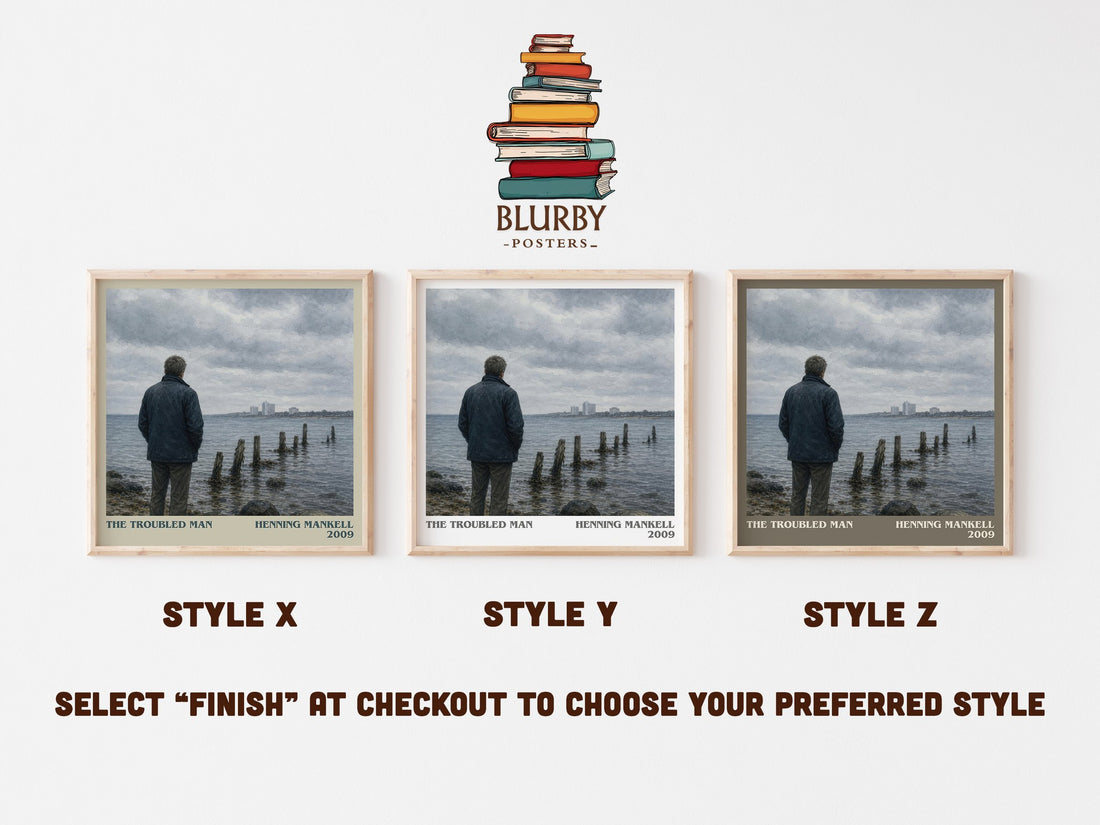 The Troubled Man literary print in frame leaning in hallway – crime wall art (mockup)