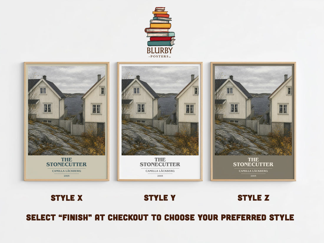 The Stonecutter book cover print in frame leaning in hallway – crime wall art (mockup)