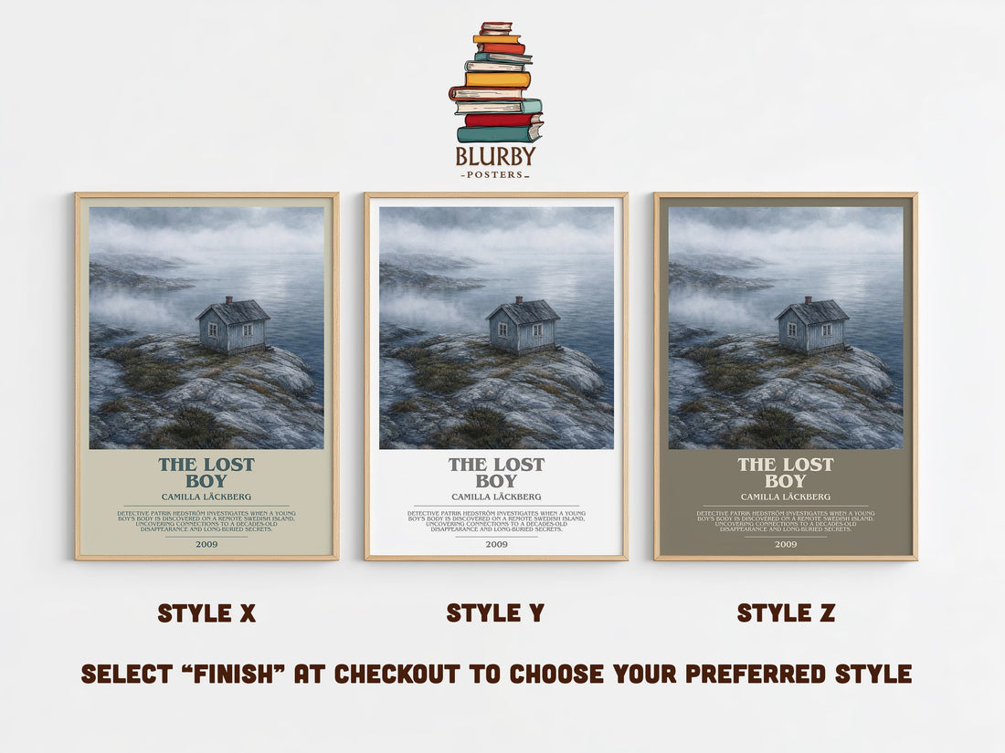 The Lost Boy bookish print in frame leaning in hallway – crime wall art (mockup)