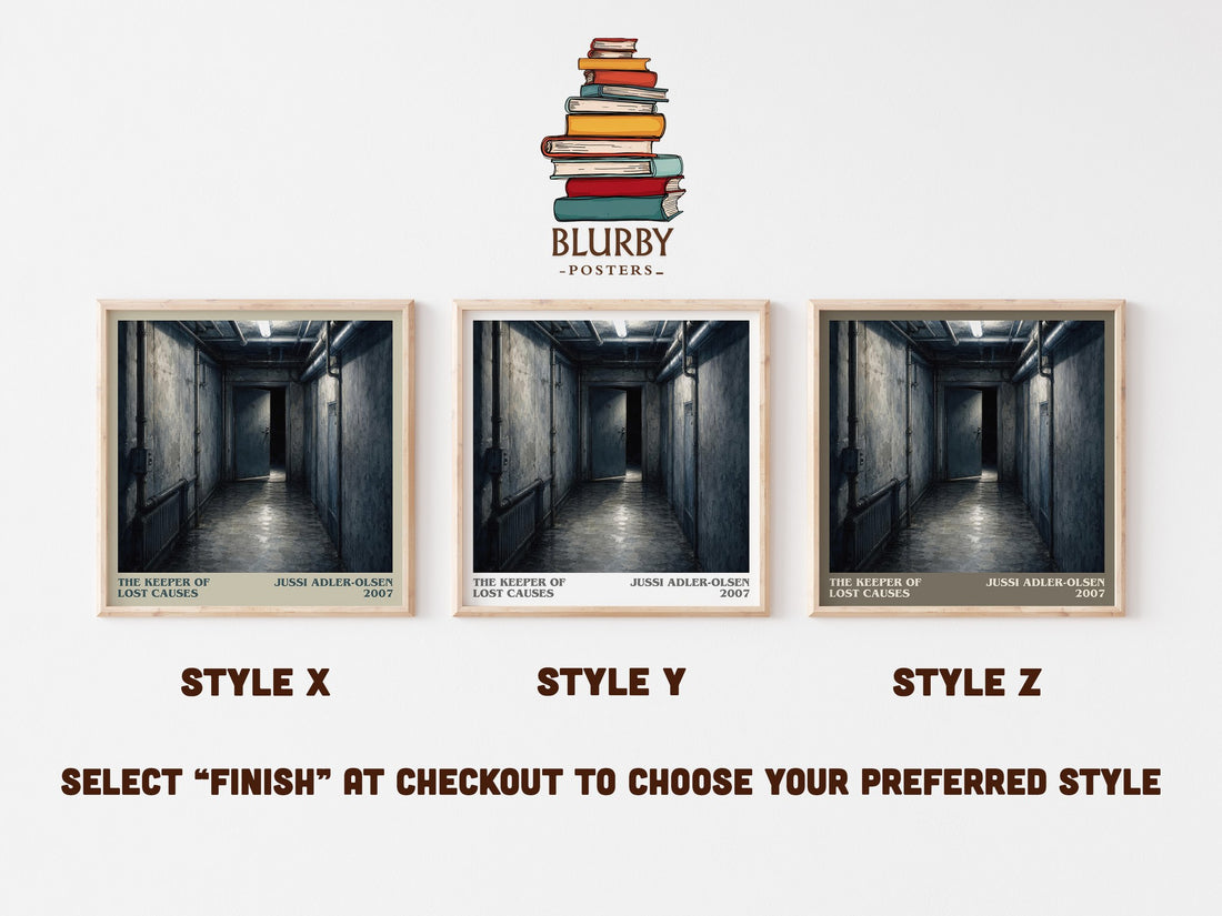 The Keeper of Lost Causes literary print in frame leaning in hallway – crime wall art (mockup)