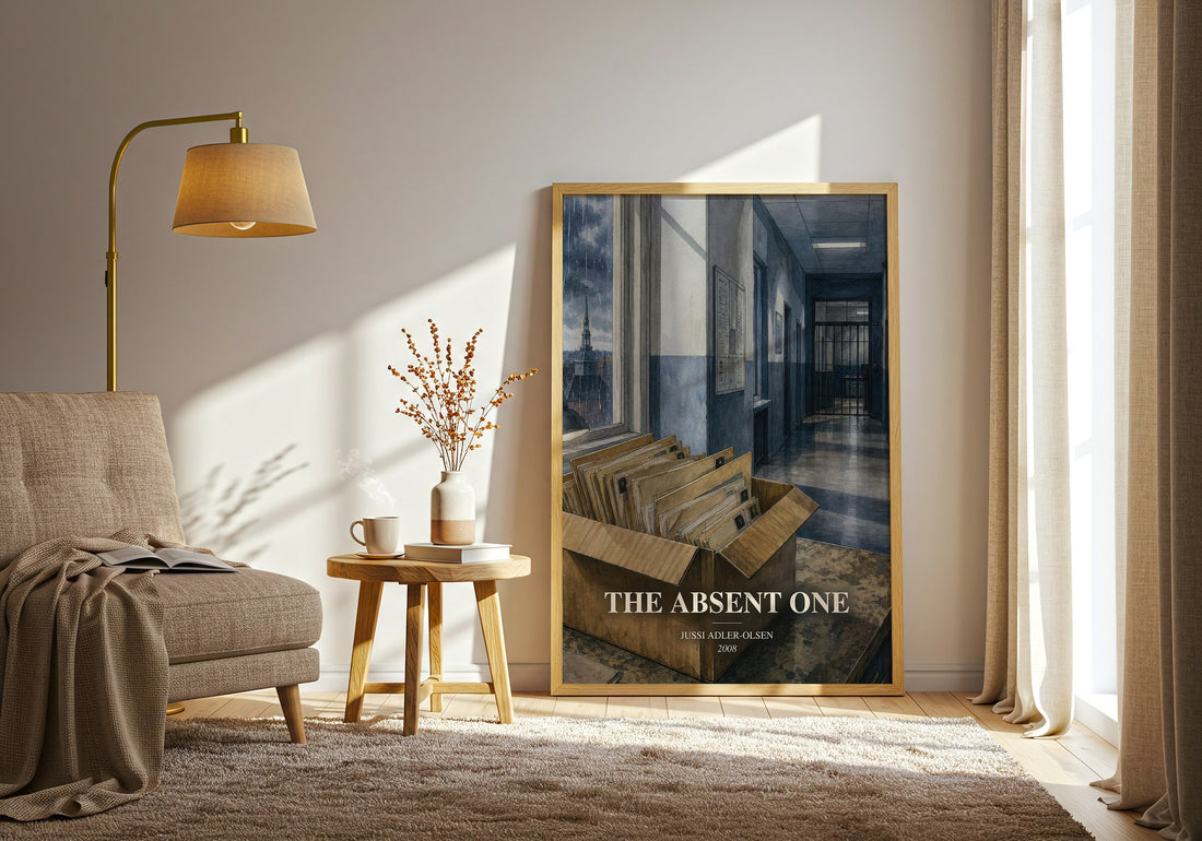 The Absent One watercolour print in frame leaning in hallway – crime wall art (mockup)