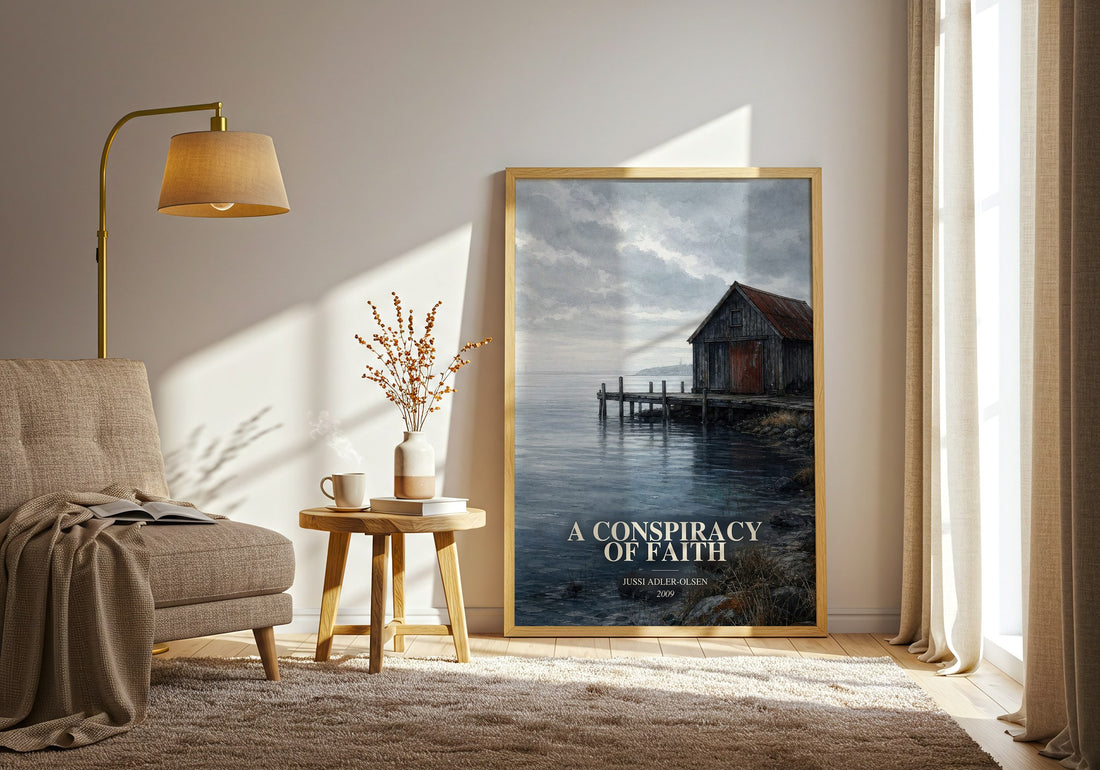 A Conspiracy of Faith watercolour print in frame leaning in hallway – crime wall art (mockup)