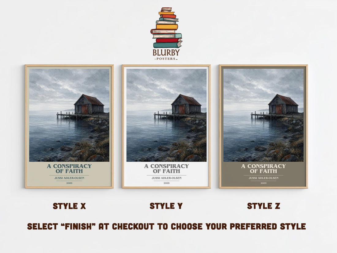 A Conspiracy of Faith book cover print in frame leaning in hallway – crime wall art (mockup)