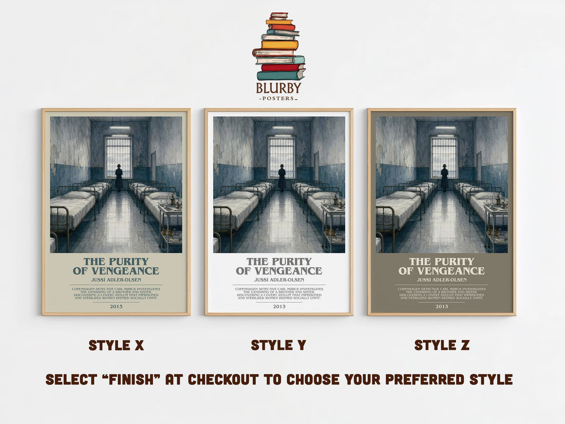 The Purity of Vengeance bookish print in frame leaning in hallway – crime wall art (mockup)