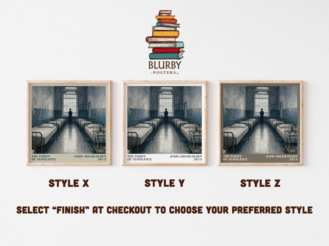 The Purity of Vengeance literary print in frame leaning in hallway – crime wall art (mockup)