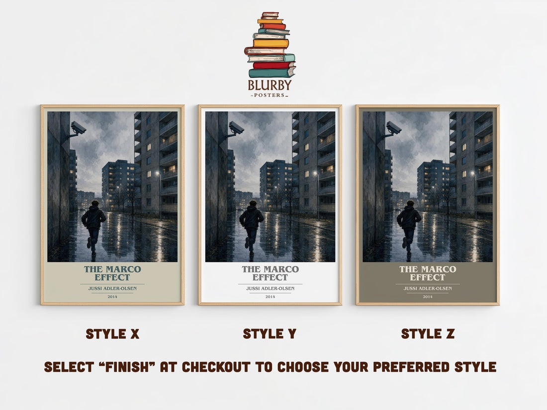 The Marco Effect book cover print in frame leaning in hallway – crime wall art (mockup)