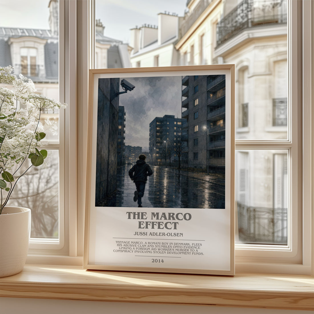 The Marco Effect Bookish Wall Art by Jussi Adler-Olsen – framed print by a bright window