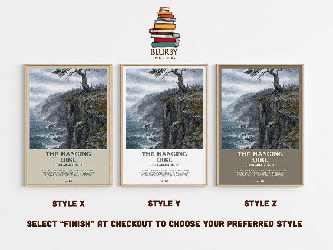 The Hanging Girl bookish print in frame leaning in hallway – crime wall art (mockup)