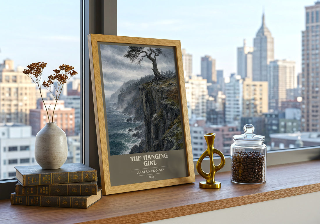 The Hanging Girl book cover print framed by window – literary home decor