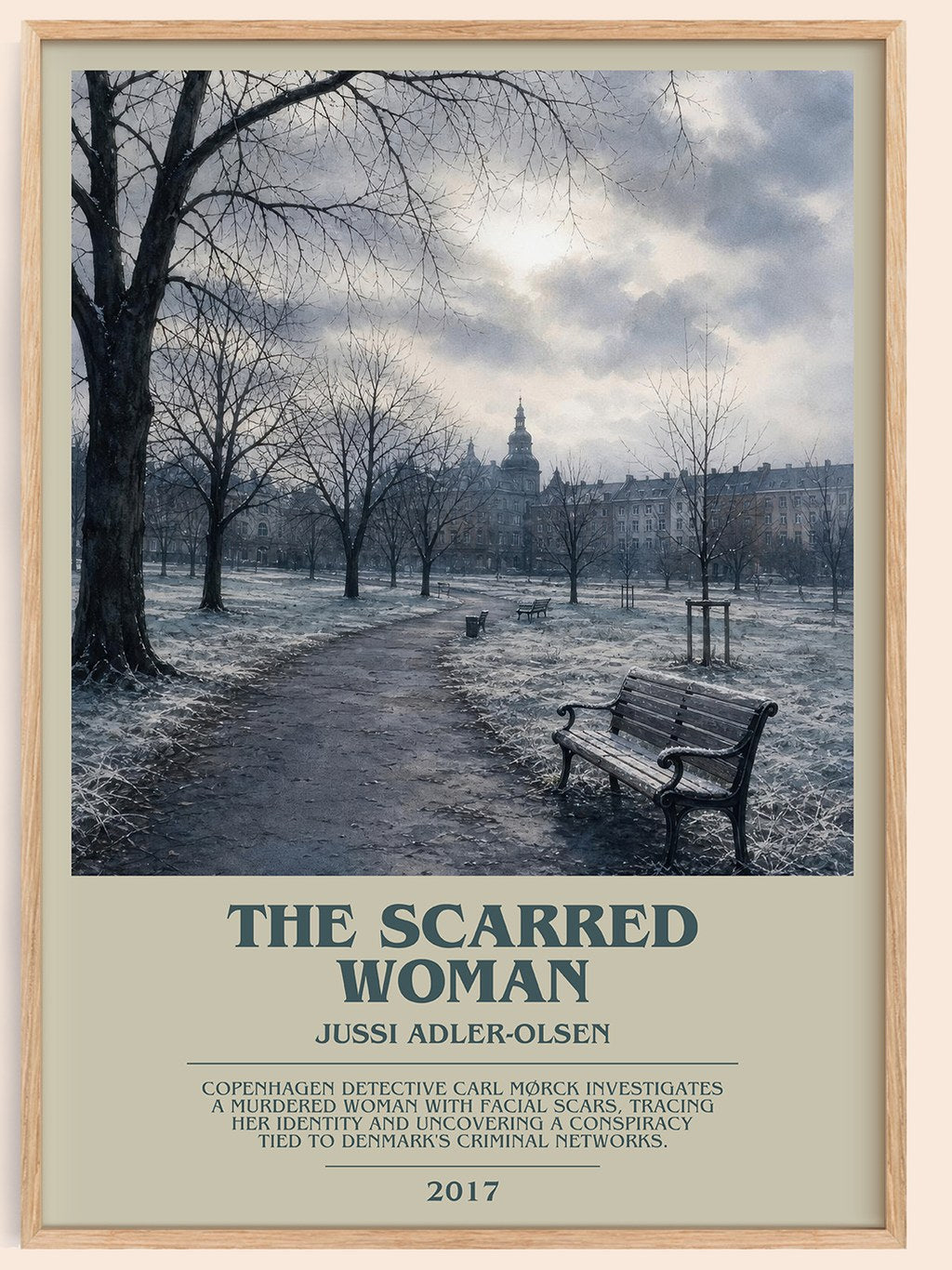 The Scarred Woman bookish book poster by Jussi Adler-Olsen – framed literary art print