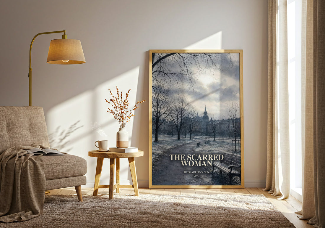 The Scarred Woman watercolour print in frame leaning in hallway – crime wall art (mockup)