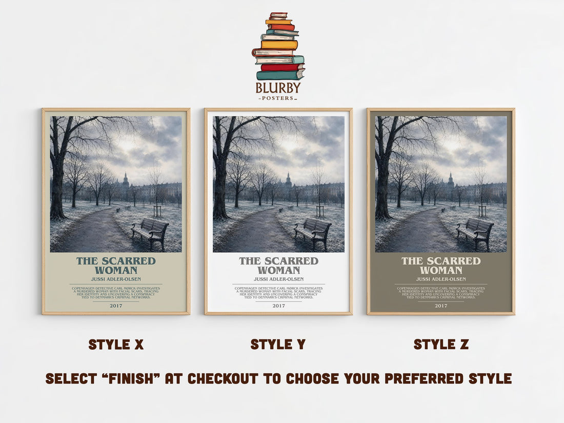 The Scarred Woman bookish print in frame leaning in hallway – crime wall art (mockup)