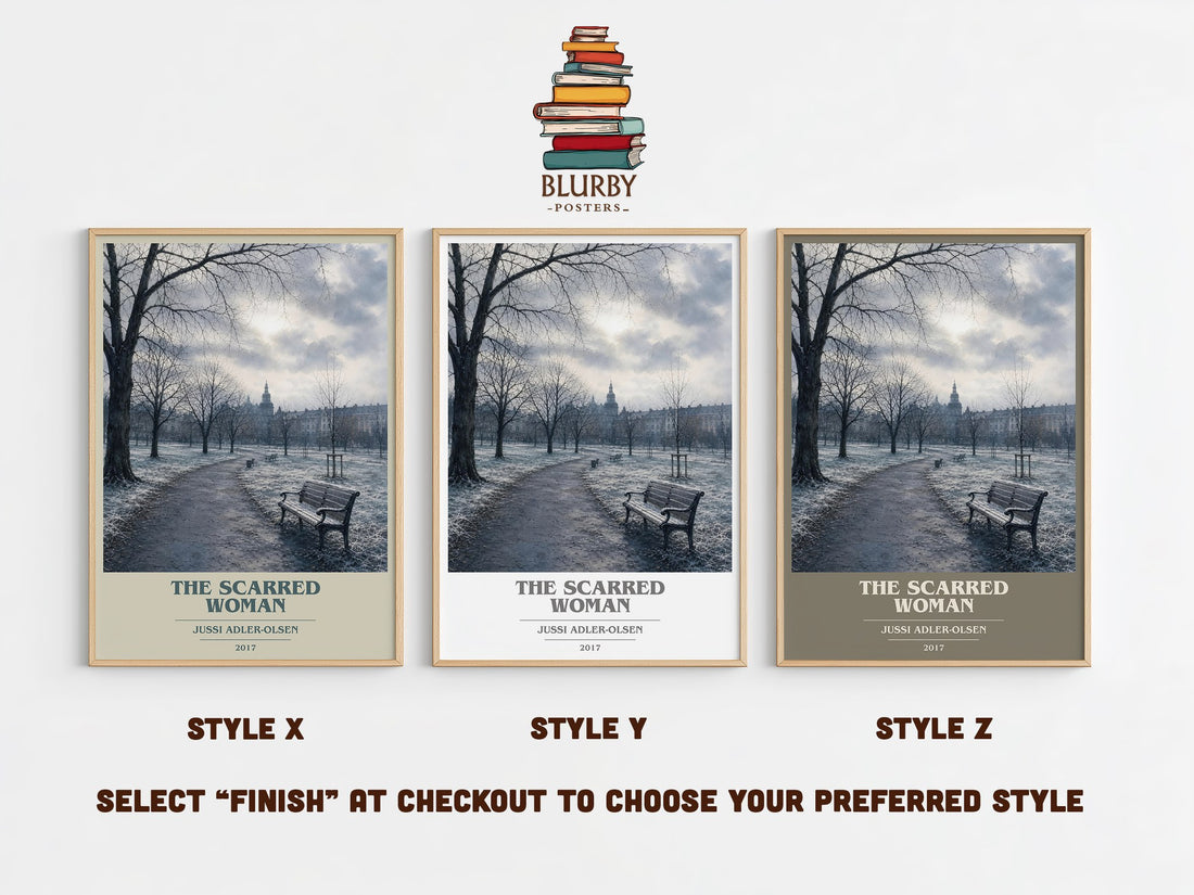 The Scarred Woman book cover print in frame leaning in hallway – crime wall art (mockup)