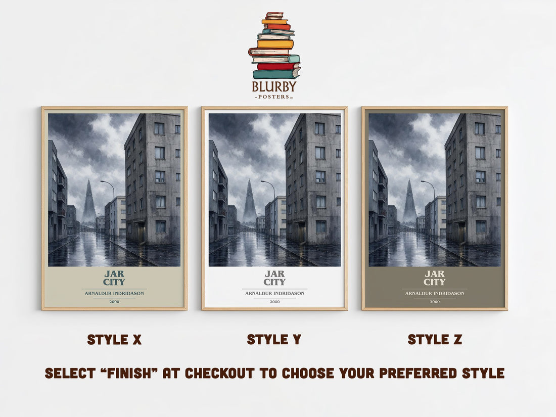 Jar City book cover print in frame leaning in hallway – crime wall art (mockup)
