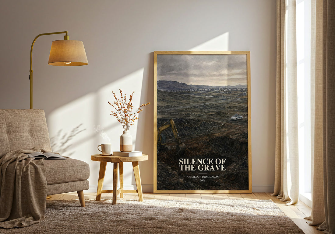 Silence of the Grave watercolour print in frame leaning in hallway – crime wall art (mockup)