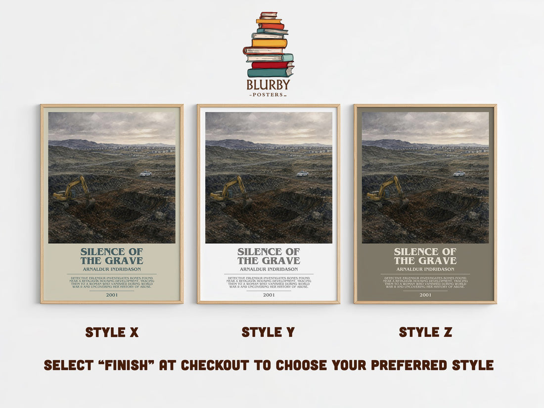 Silence of the Grave bookish print in frame leaning in hallway – crime wall art (mockup)