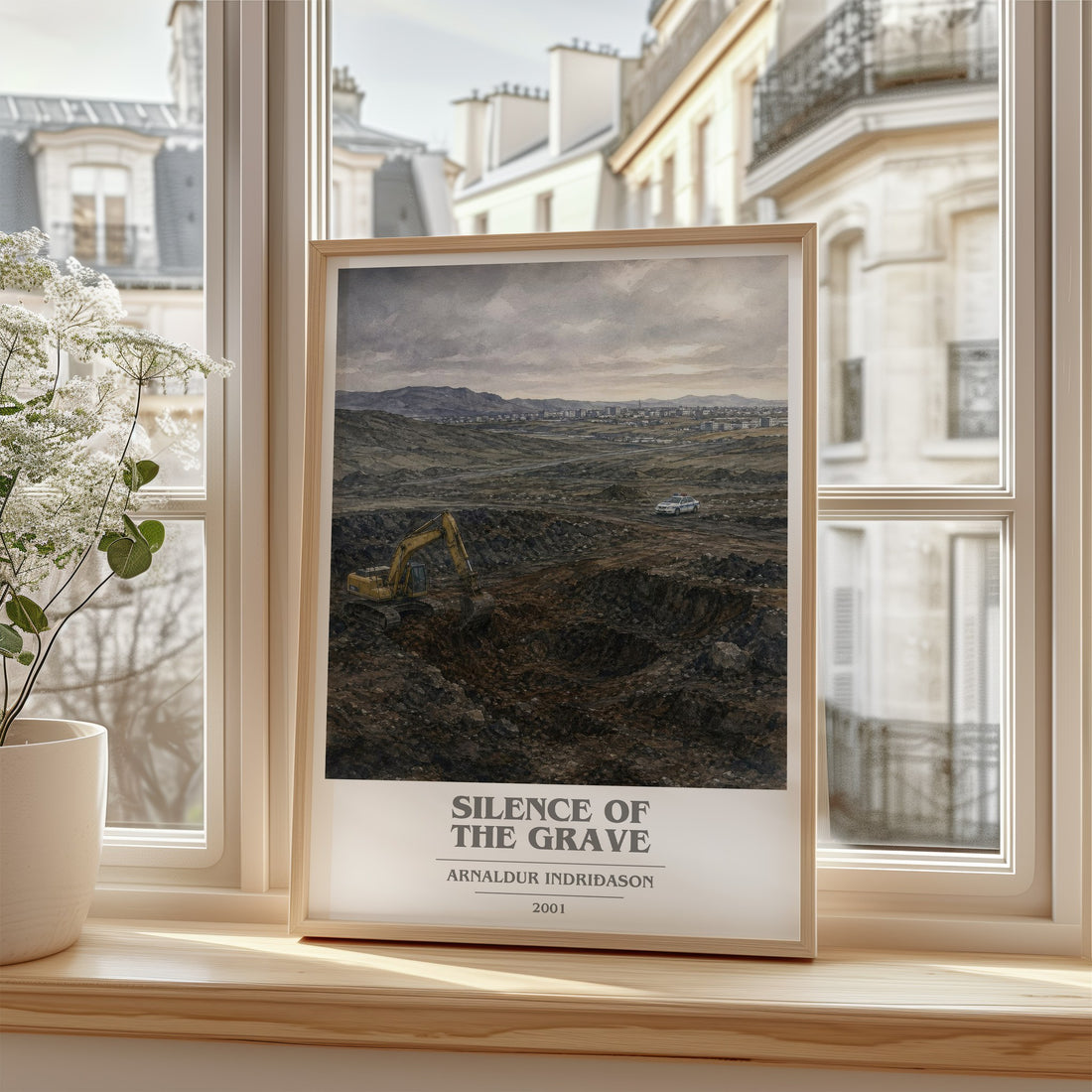 Silence of the Grave Book Cover Poster by Arnaldur Indriðason – framed print by a bright window