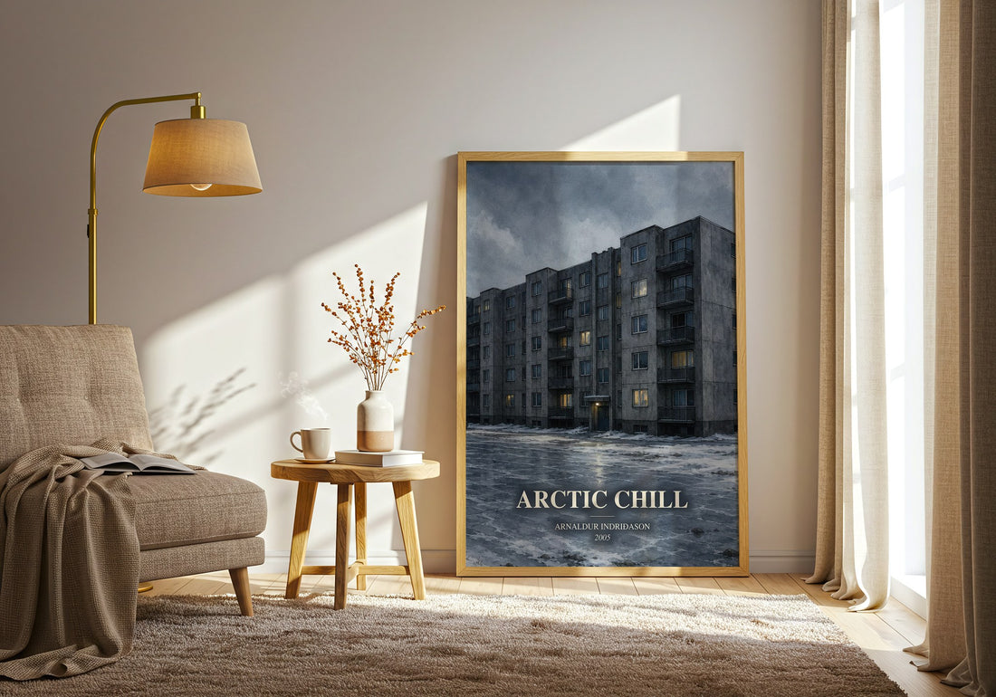 Arctic Chill watercolour print in frame leaning in hallway – crime wall art (mockup)