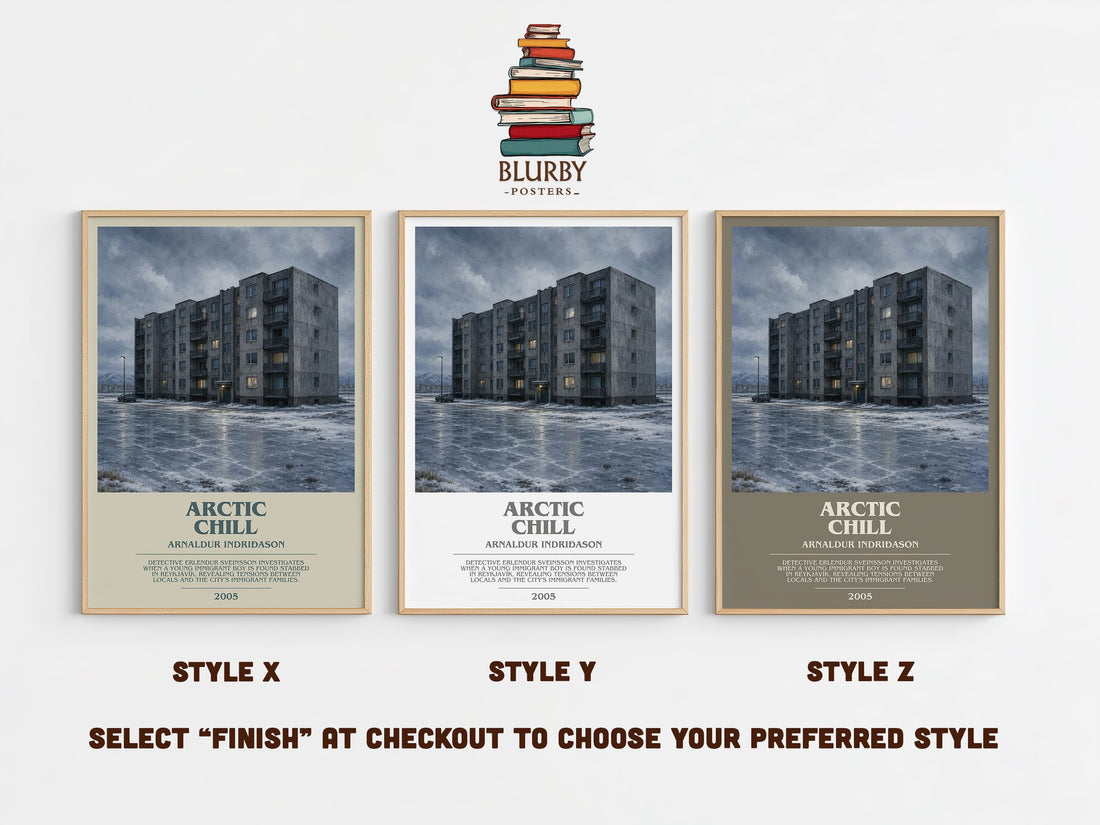 Arctic Chill bookish print in frame leaning in hallway – crime wall art (mockup)