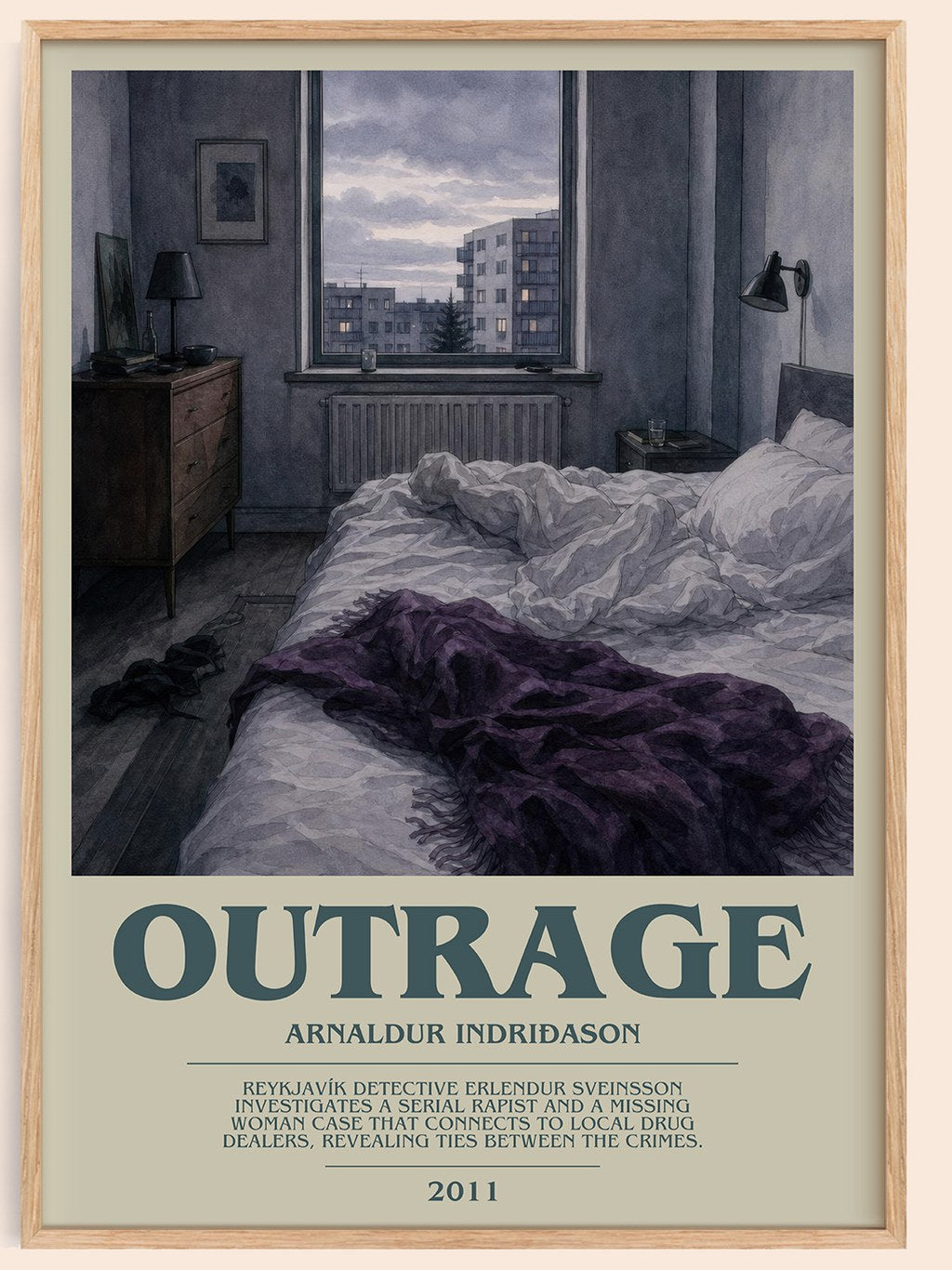 Outrage bookish book poster by Arnaldur Indriðason – framed literary art print