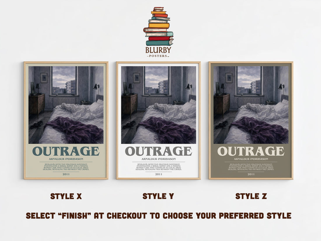 Outrage bookish print in frame leaning in hallway – crime wall art (mockup)