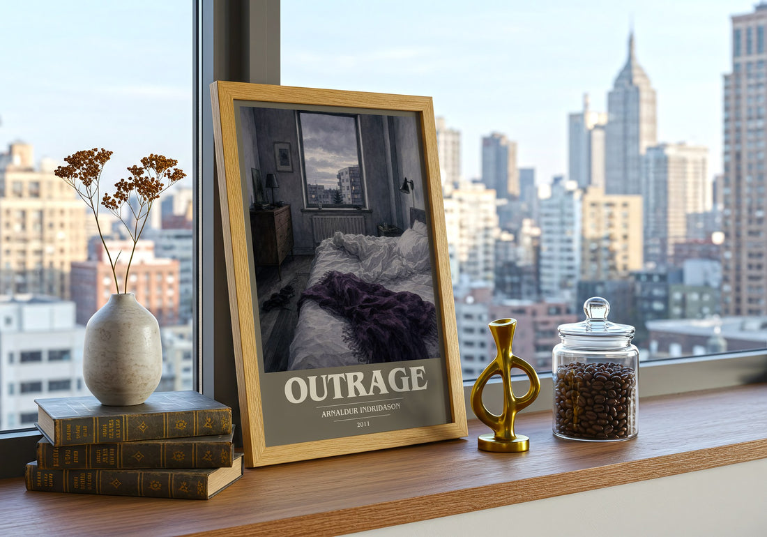 Outrage book cover print framed by window – literary home decor