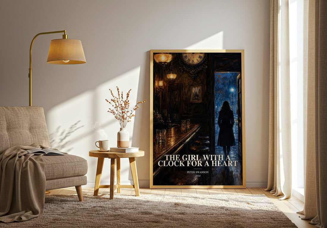 The Girl with a Clock for a Heart watercolour print in frame leaning in hallway – thriller wall art (mockup)