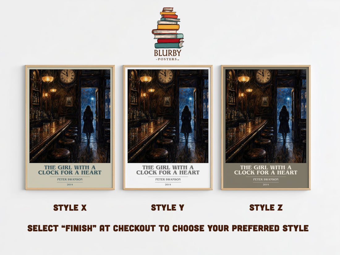 The Girl with a Clock for a Heart book cover print in frame leaning in hallway – thriller wall art (mockup)