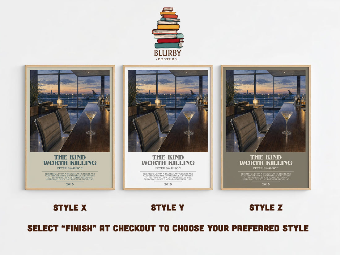 The Kind Worth Killing bookish print in frame leaning in hallway – thriller wall art (mockup)