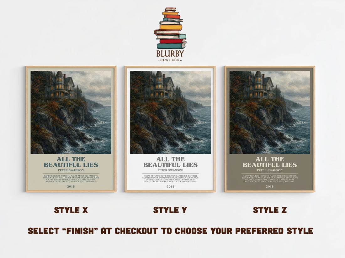 All the Beautiful Lies bookish print in frame leaning in hallway – thriller wall art (mockup)