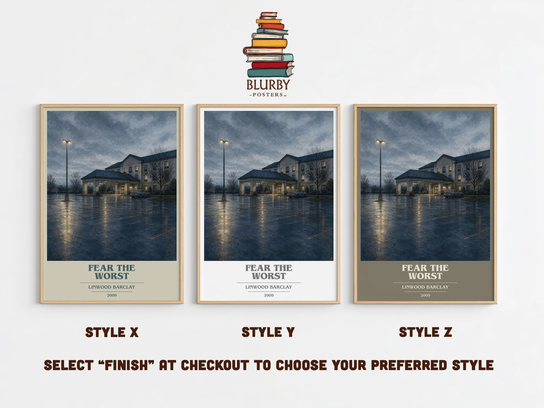 Fear the Worst book cover print in frame leaning in hallway – thriller wall art (mockup)