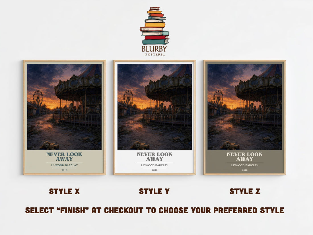 Never Look Away book cover print in frame leaning in hallway – thriller wall art (mockup)
