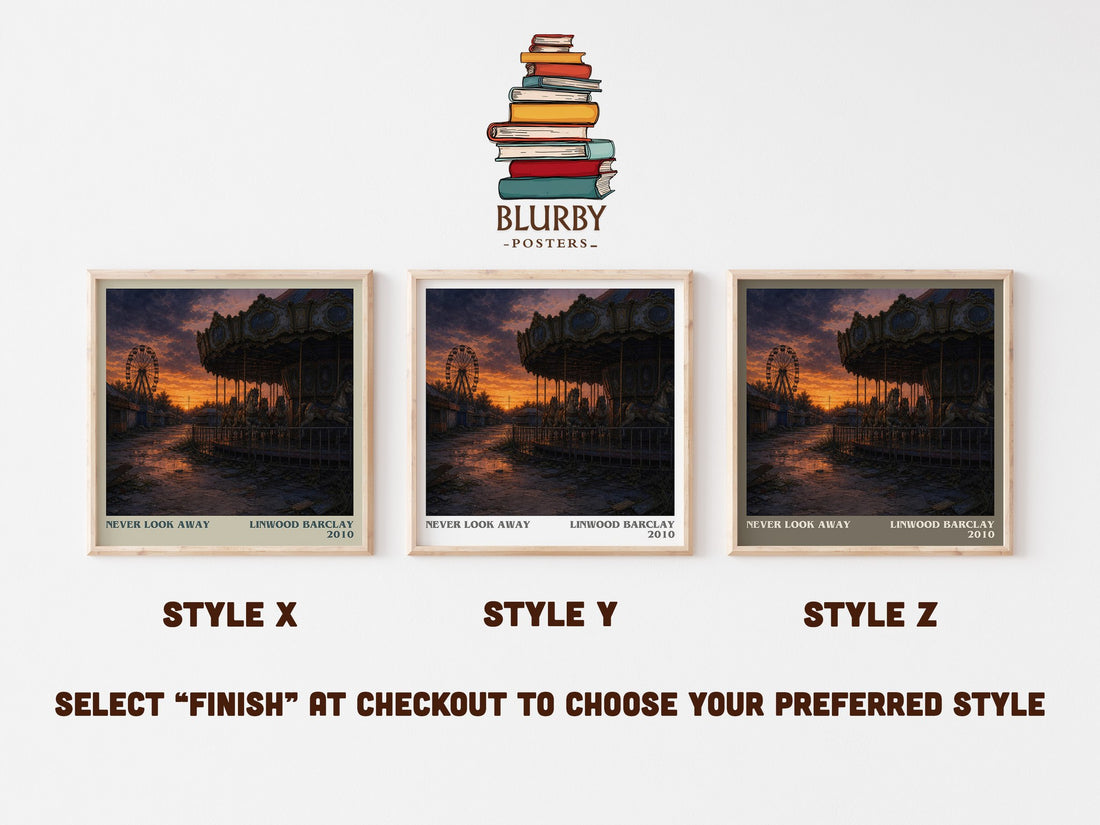 Never Look Away literary print in frame leaning in hallway – thriller wall art (mockup)