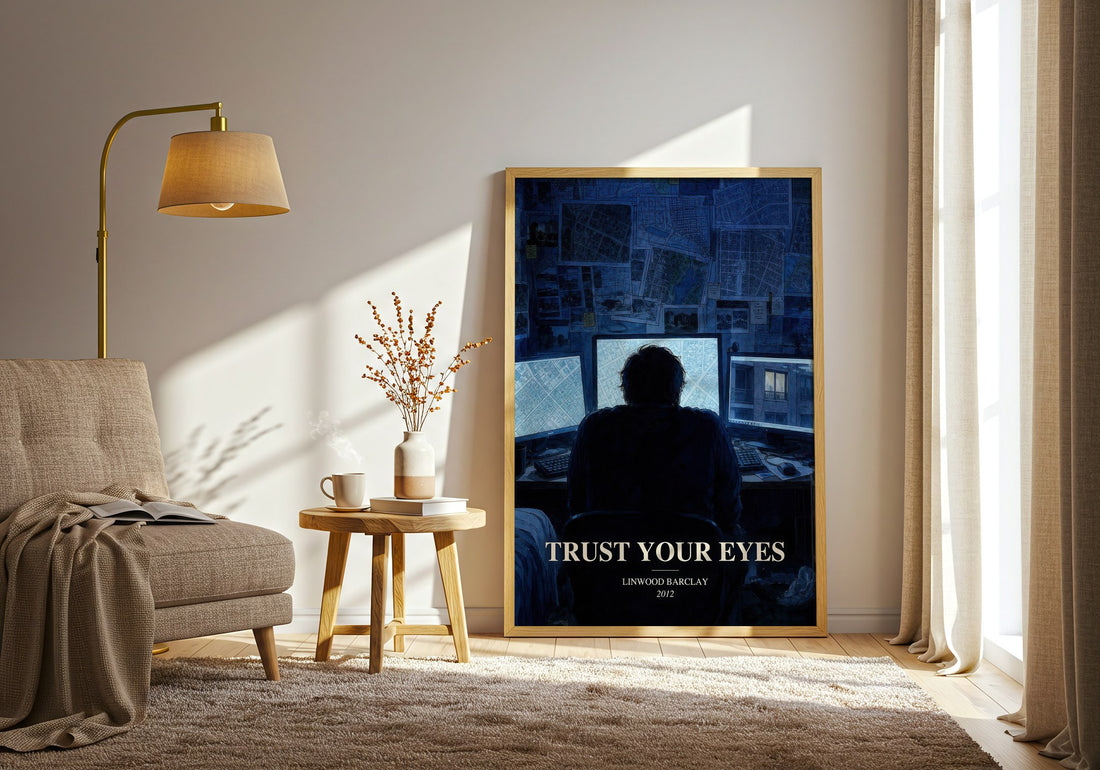 Trust Your Eyes watercolour print in frame leaning in hallway – thriller wall art (mockup)