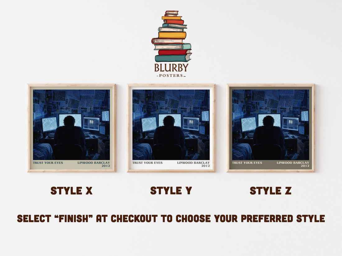Trust Your Eyes literary print in frame leaning in hallway – thriller wall art (mockup)