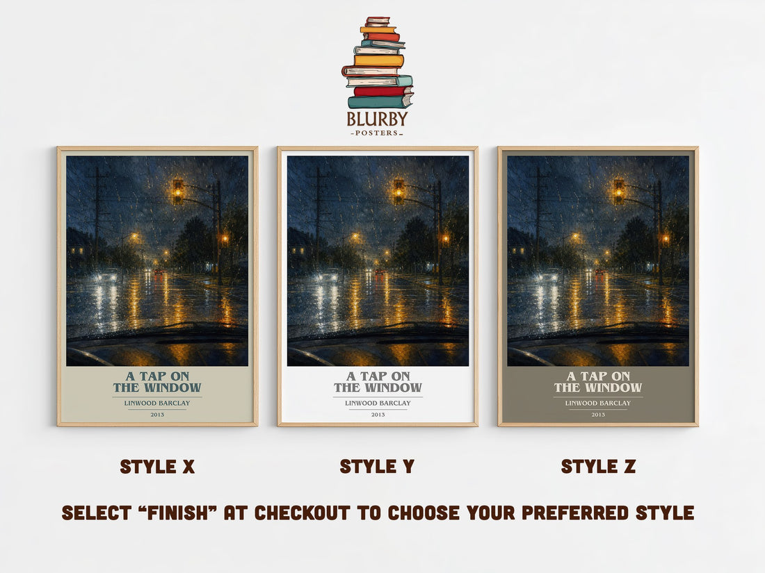 A Tap on the Window book cover print in frame leaning in hallway – thriller wall art (mockup)